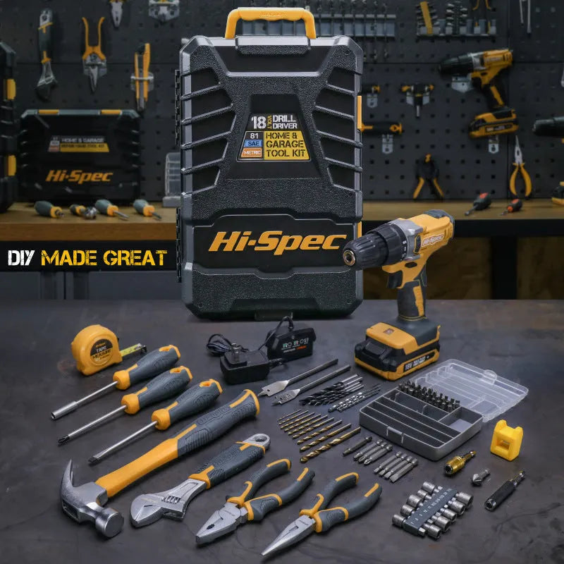Grey yellow 82-piece furniture repair tool kit in a box with chrome-vanadium steel hardware.