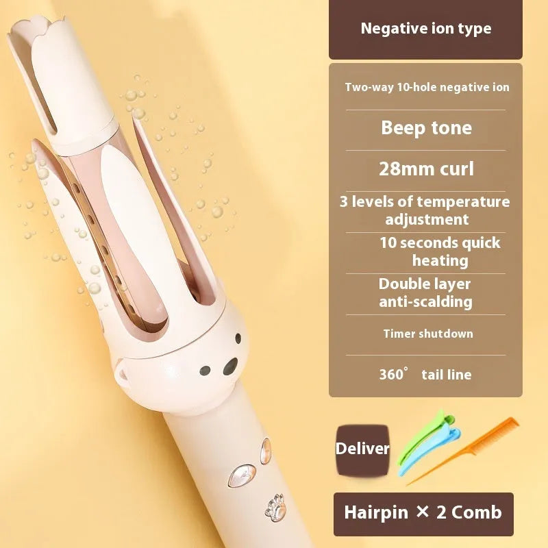 Beige anion automatic hair curler with rotating barrel on white background