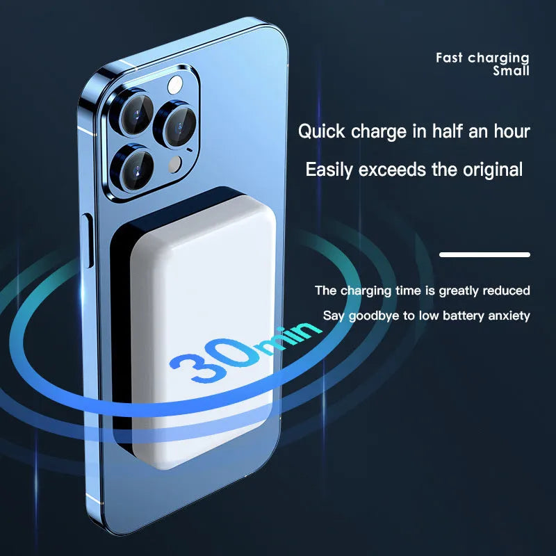 Pink magnetic wireless power bank with 20000mAh capacity measuring 100x64x18mm