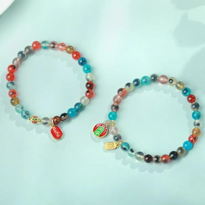 Natural agate coloured glaze copper coin snake bracelet for women, fu character style, handmade, 6mm or 8mm beads