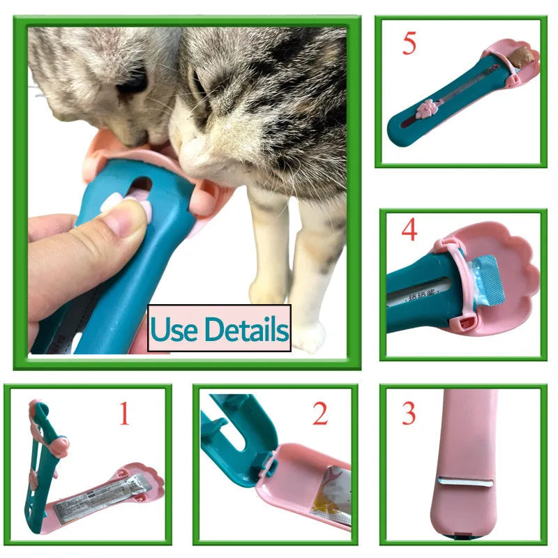 Plastic pet food squeezer dispenser in pink and green colours for feeding cats and puppies.