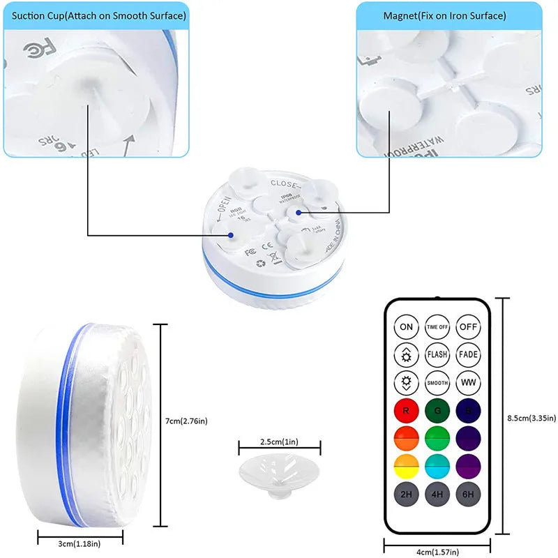 Colour changing remote control diving light with 7cm diameter and IP68 waterproof rating