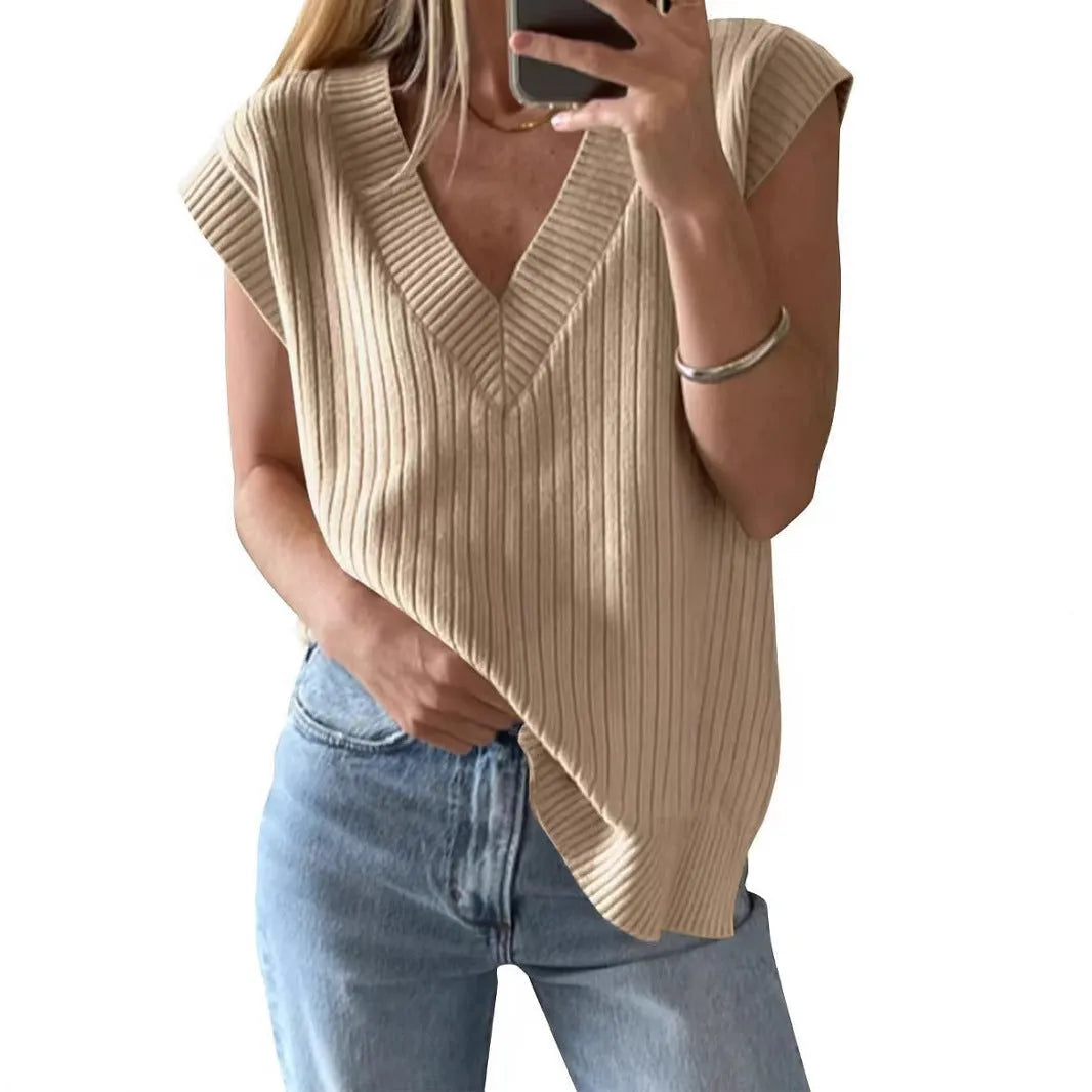 Women's V-neck sleeveless loose pullover vest in camel colour with stripe pattern