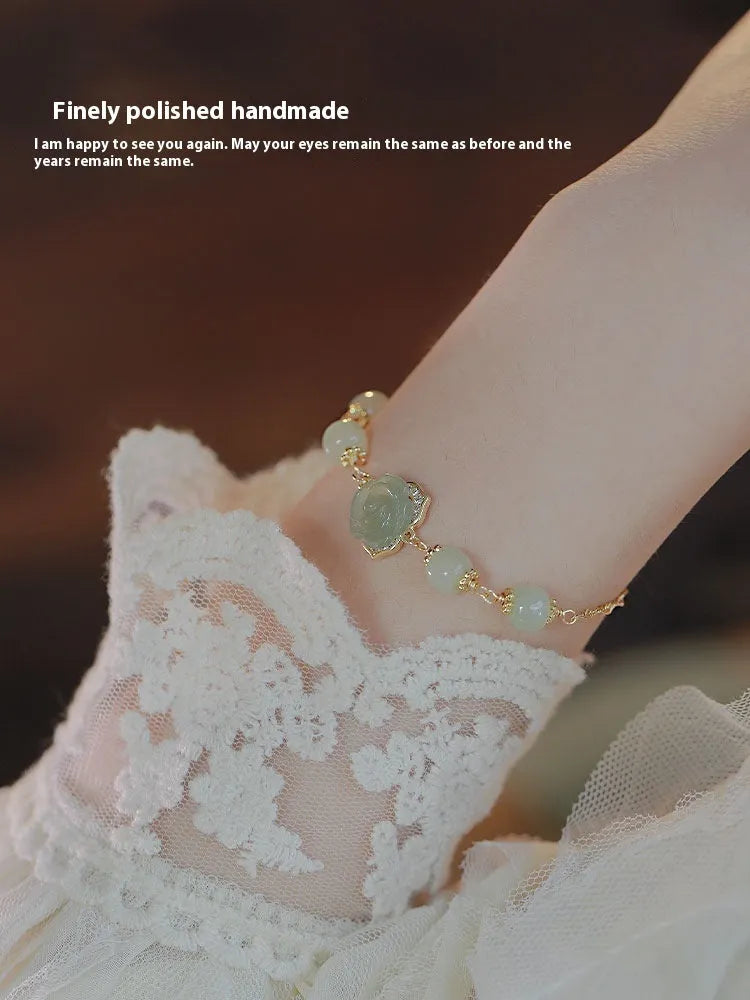 Hetian jade rose 14K gilded women's bracelet with handmade flower motif in national style