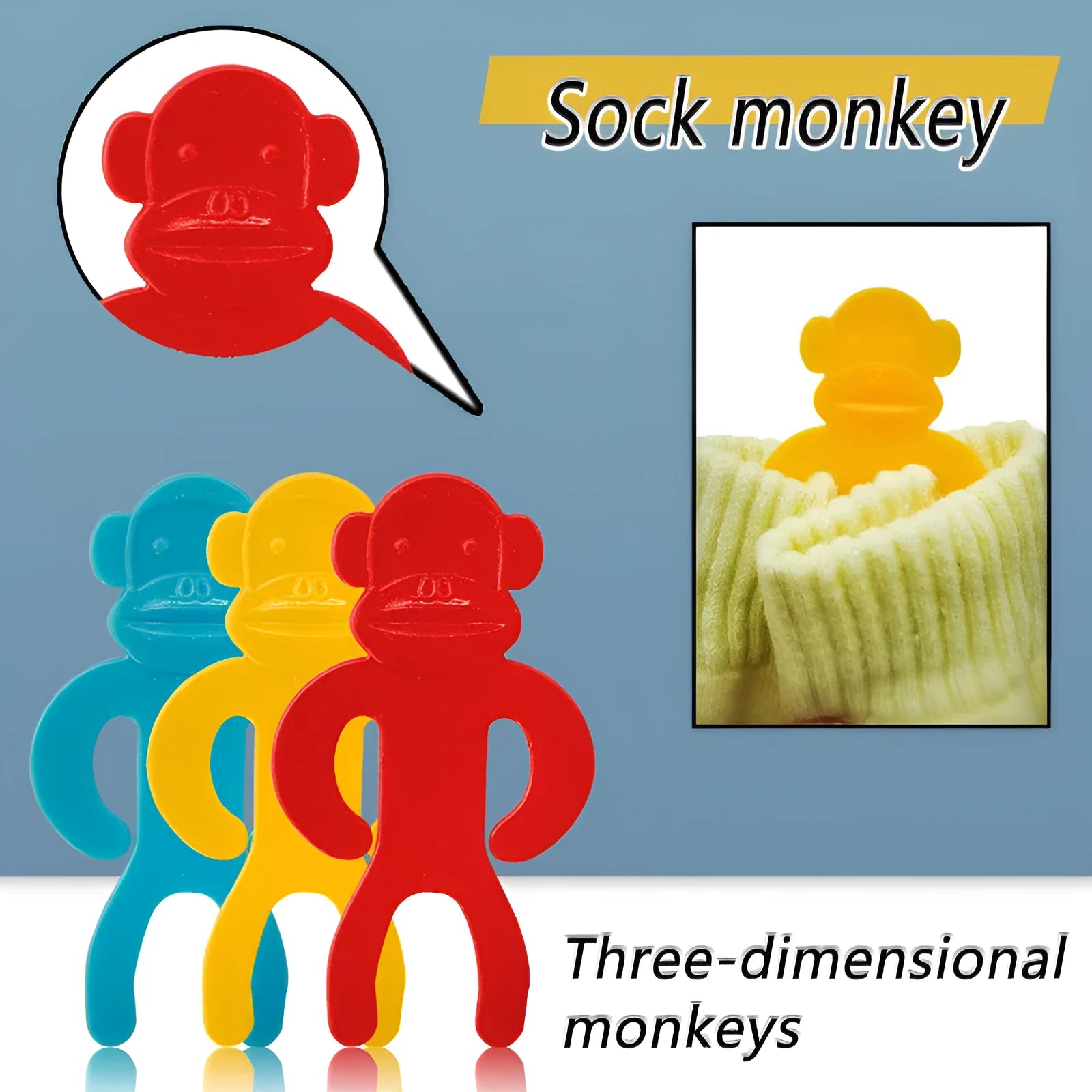 Blue, red and yellow plastic socks storage clips for washing machine organisation