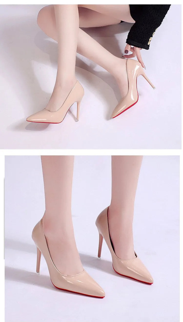 Women's solid colour pointed toe pumps with a stiletto heel and shallow cut, shown in multiple colour options.
