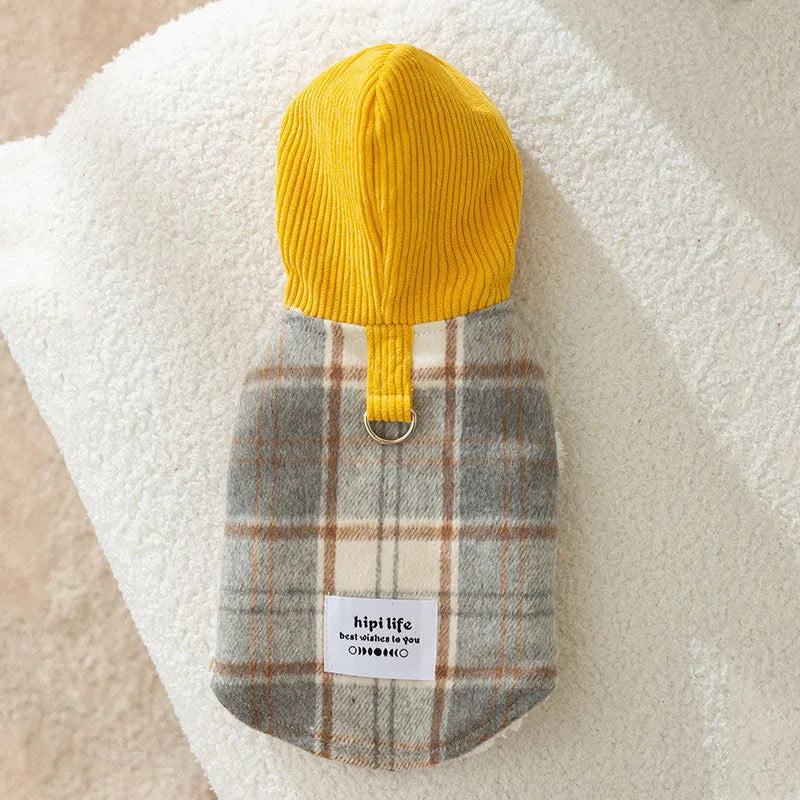 Blue corduroy dog hoodie vest with chessboard grid pattern and attached traction hood.