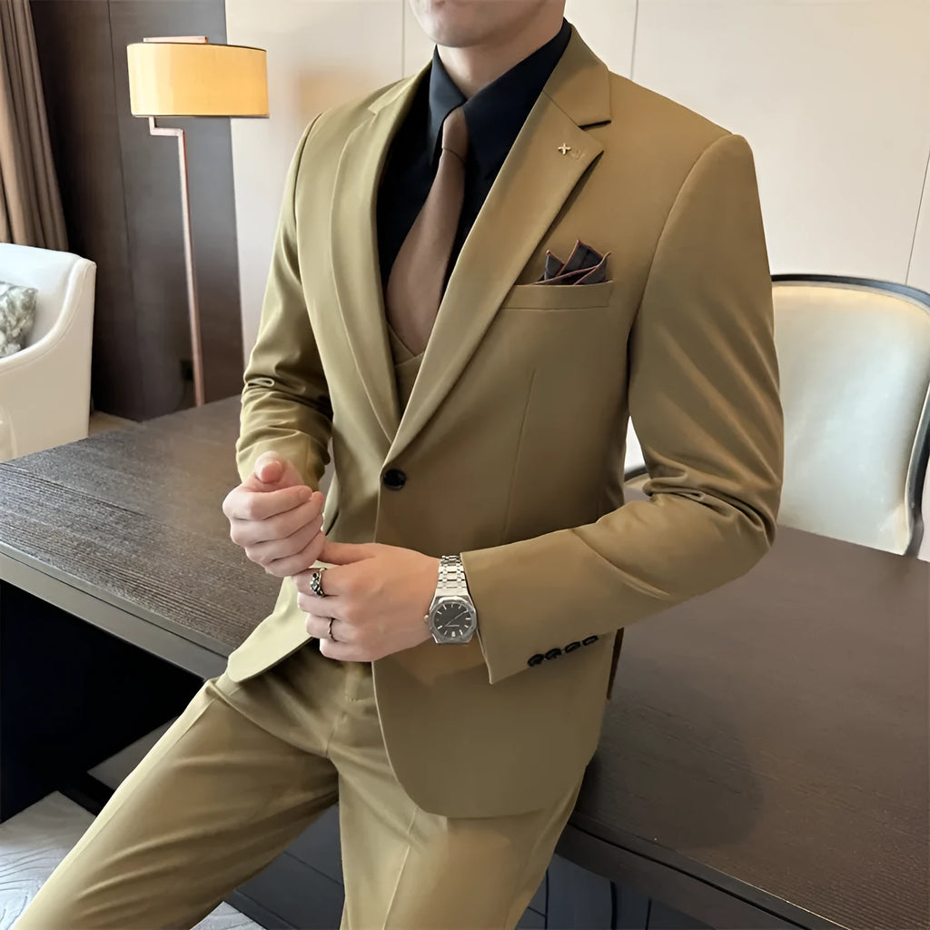 Men's slim fit formal suit jacket in dark green, shown on a model, featuring a notched lapel and button front.