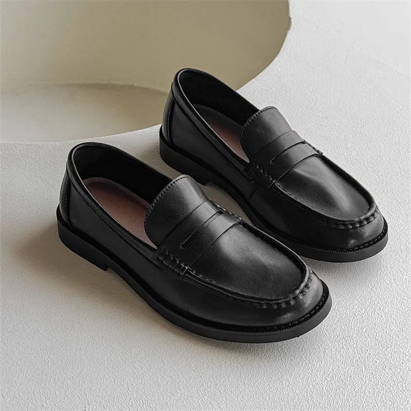 Men's slip-on retro casual shoes in beige, microfiber upper, rubber sole, side view
