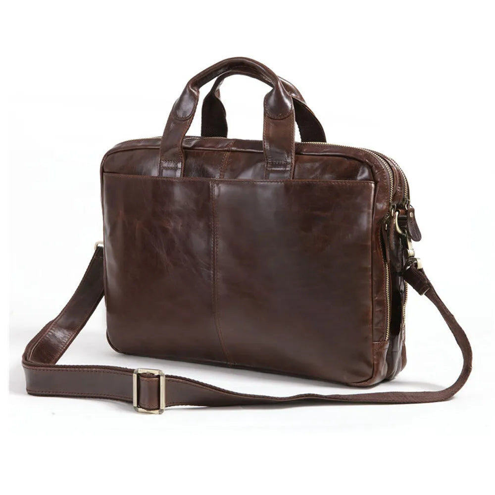 Brown 18-inch men's business briefcase in first-layer cowhide leather with polyester cotton lining