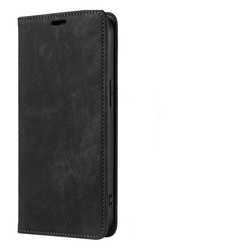 Magnetic flip phone case for iPhone in genuine leather and TPU, shown in grey colour with flap closed.