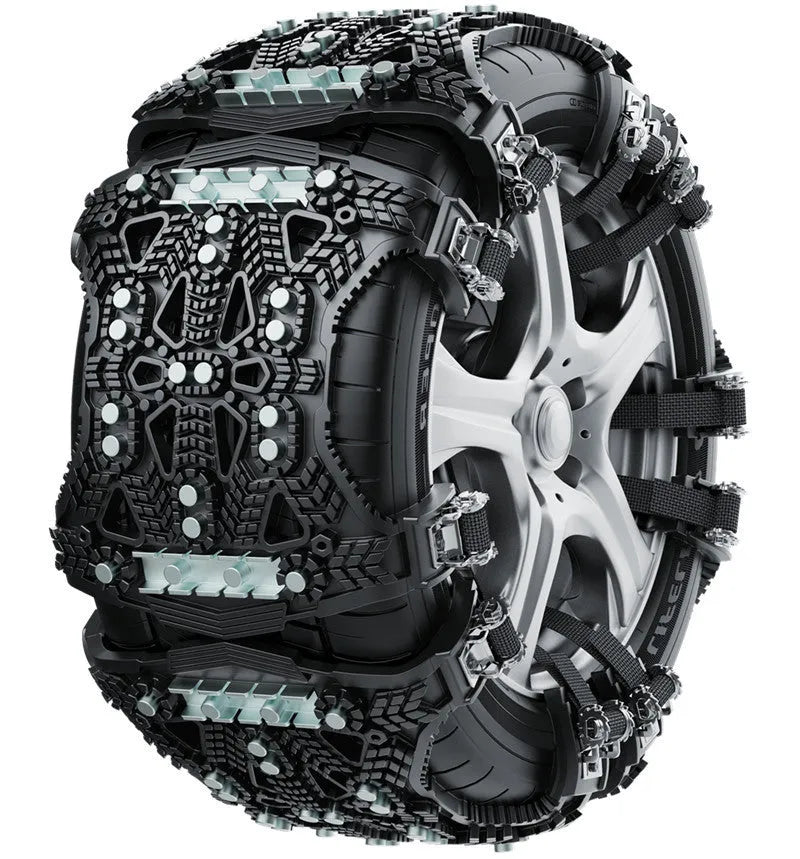 Universal nonskid chain with steel plate gear on a snowy road, black colour, with packaging on a table