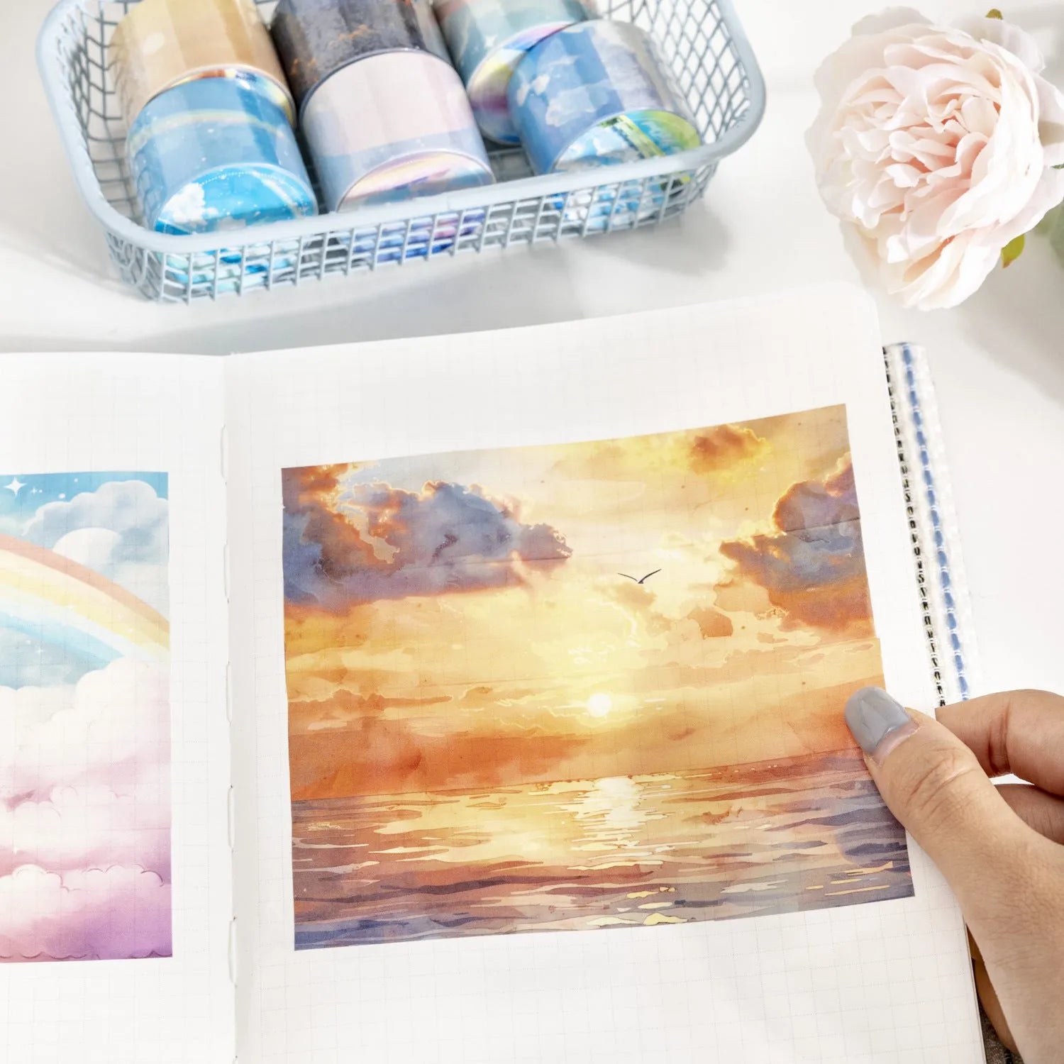 Japanese paper washi tape journal stickers showing six sky patterns including colourful clouds and twilight on 30mm wide 2m long roll