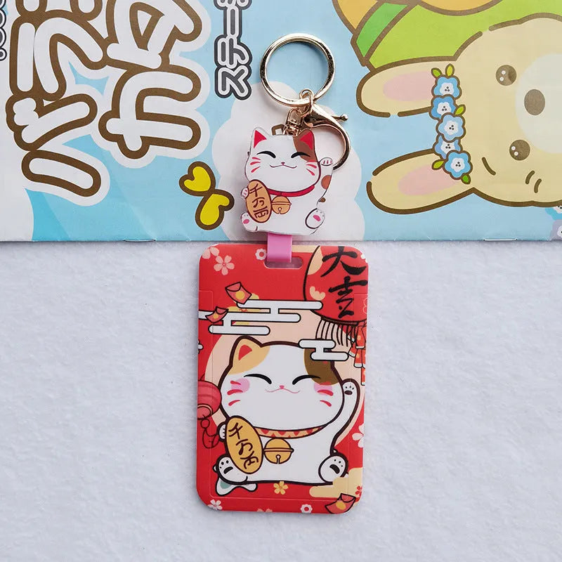Lucky cat blessing certificate set with plastic card sleeve and ferrule pendant in cartoon style
