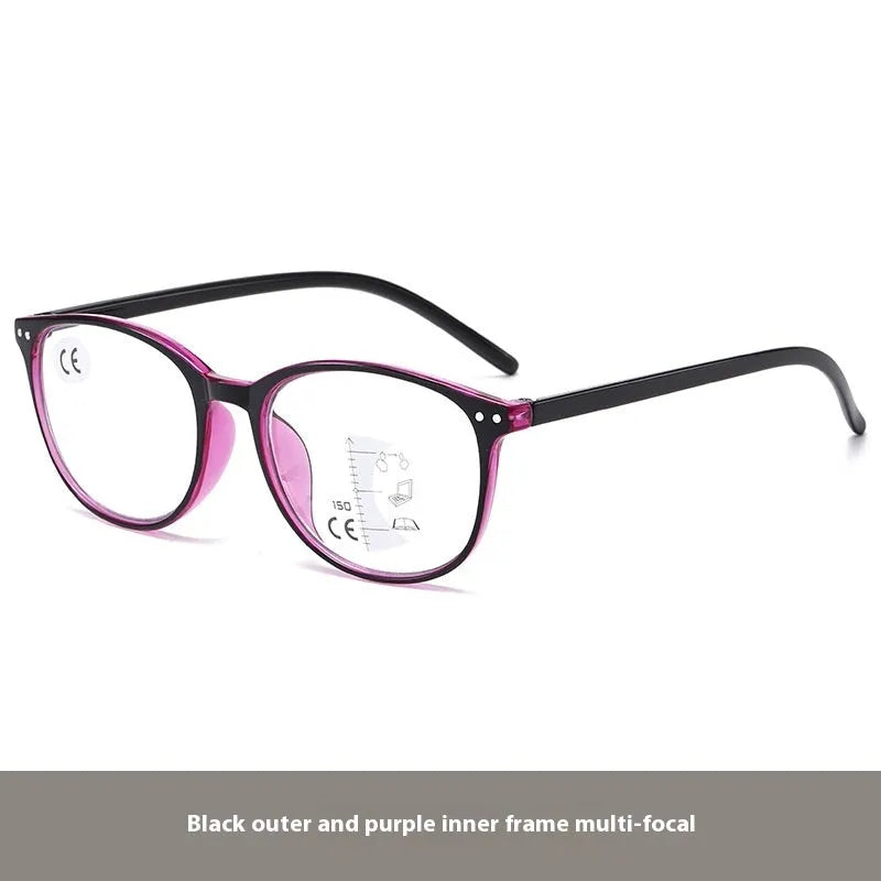 Women's ultra-light presbyopic glasses with multi-focus lenses in champagne box frame colour