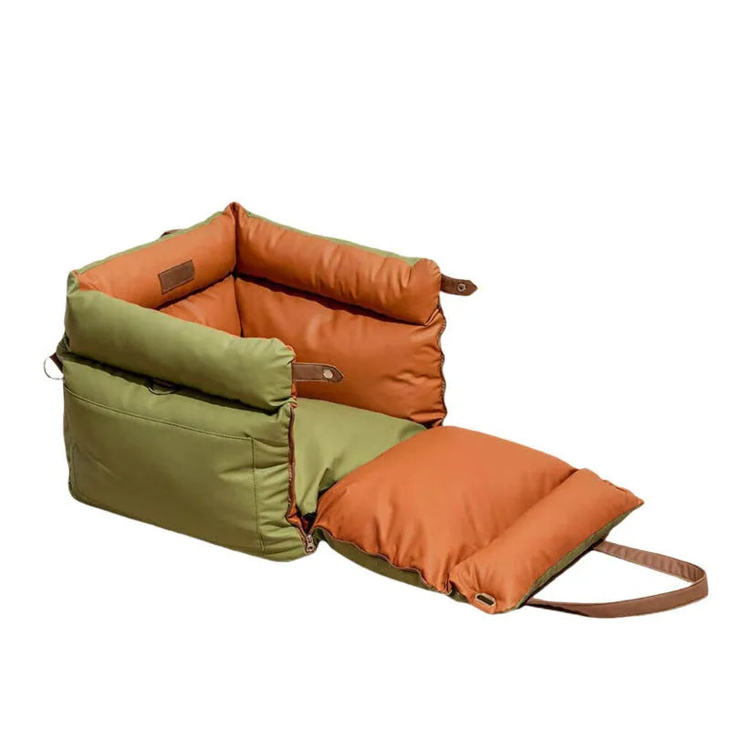 Green waterproof PU leather dog car nest bed with removable cover, oval shape.