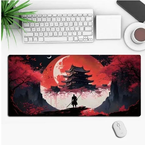 Large anime-themed gaming desk mouse pad with non-slip rubber cloth base on a wooden desk.