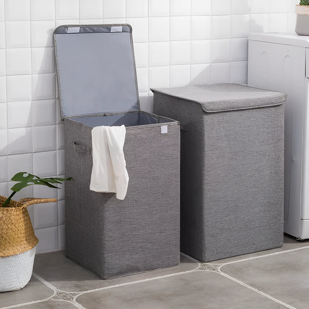 Foldable cotton linen storage basket in a neutral colour, shown in its three-dimensional form ready for use.