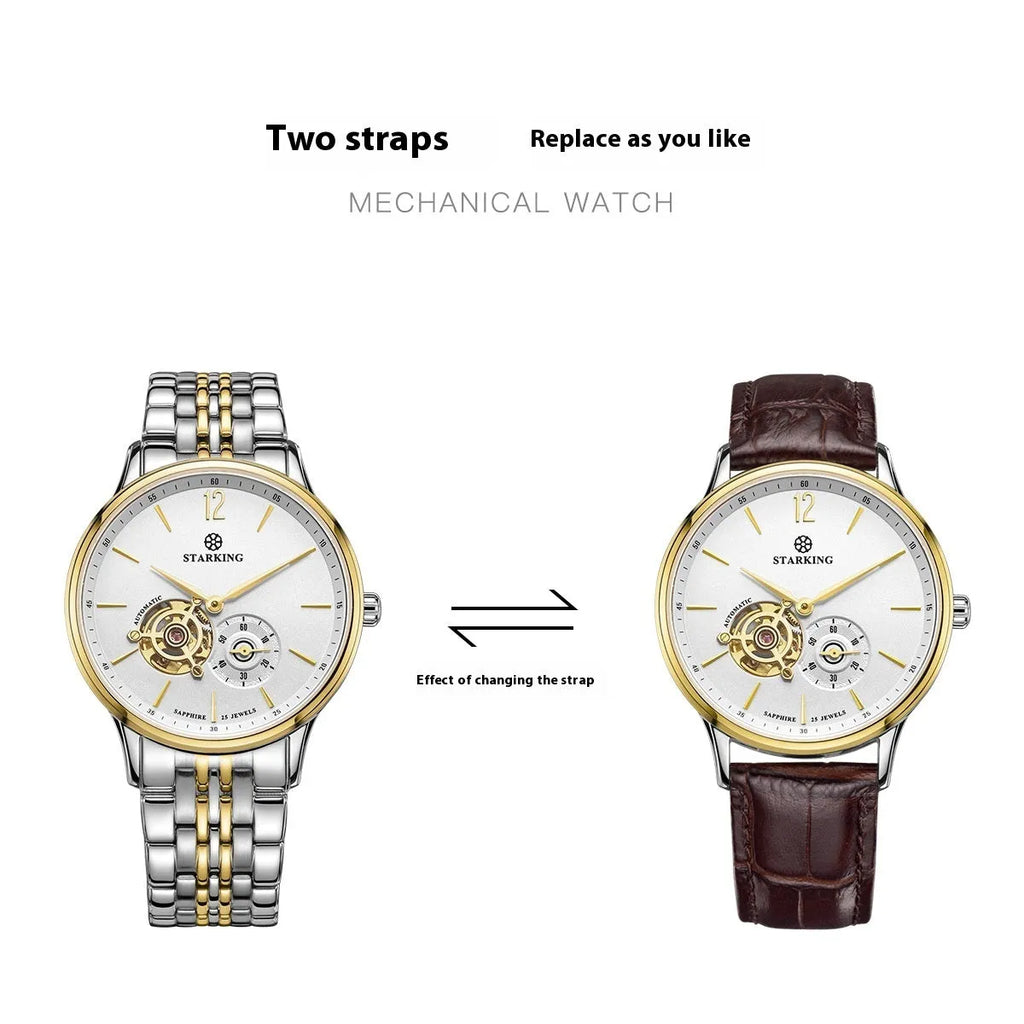 Automatic mechanical business men's watch with circular dial, sapphire crystal glass, and genuine leather strap
