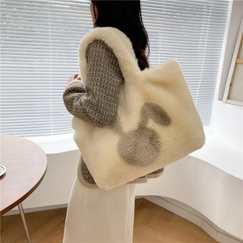 Women's plush shoulder bag with cartoon rabbit ears decoration in solid colour options