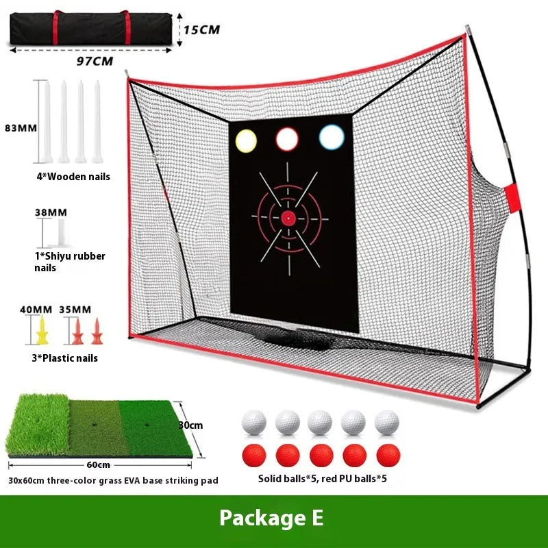 Golf swing wedge training net with cross target design and hitting mat