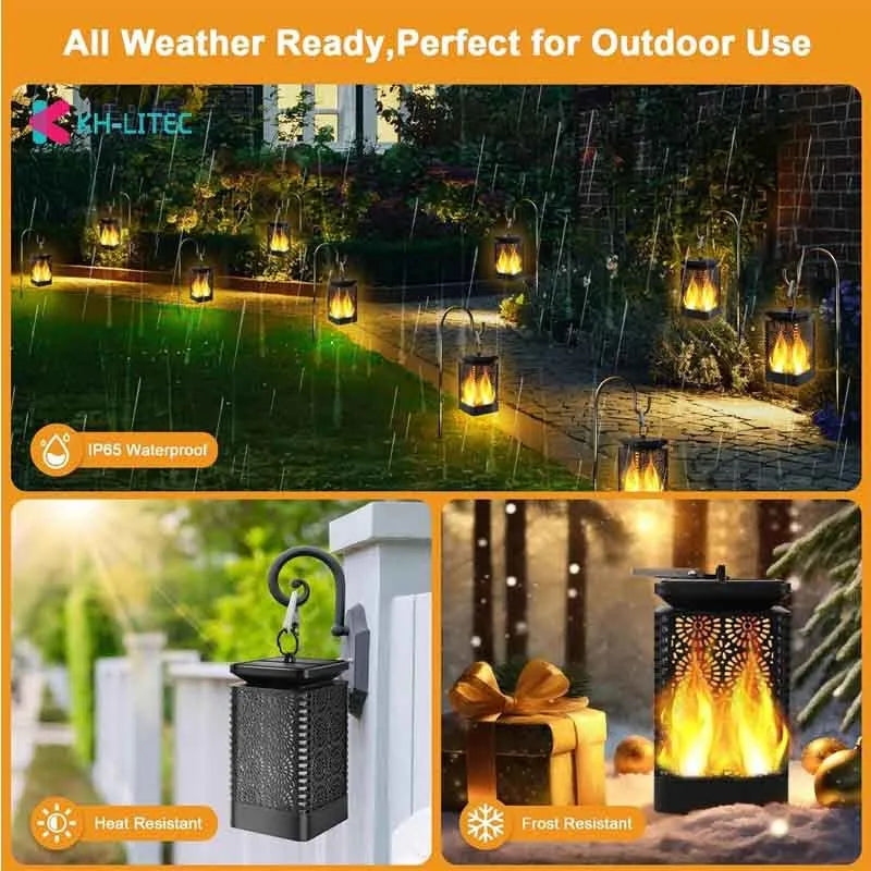 Set of four black solar-powered hanging flame torch lights for outdoor garden decoration.