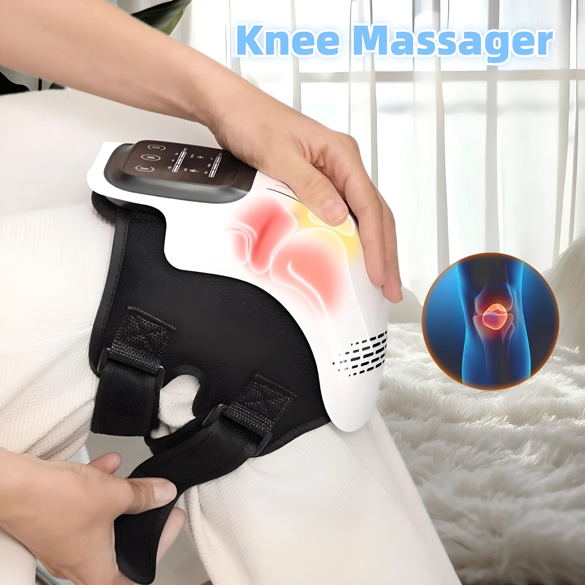 Electric knee massager with intelligent kneading and heating, white colour, USB rechargeable, placed on a sofa