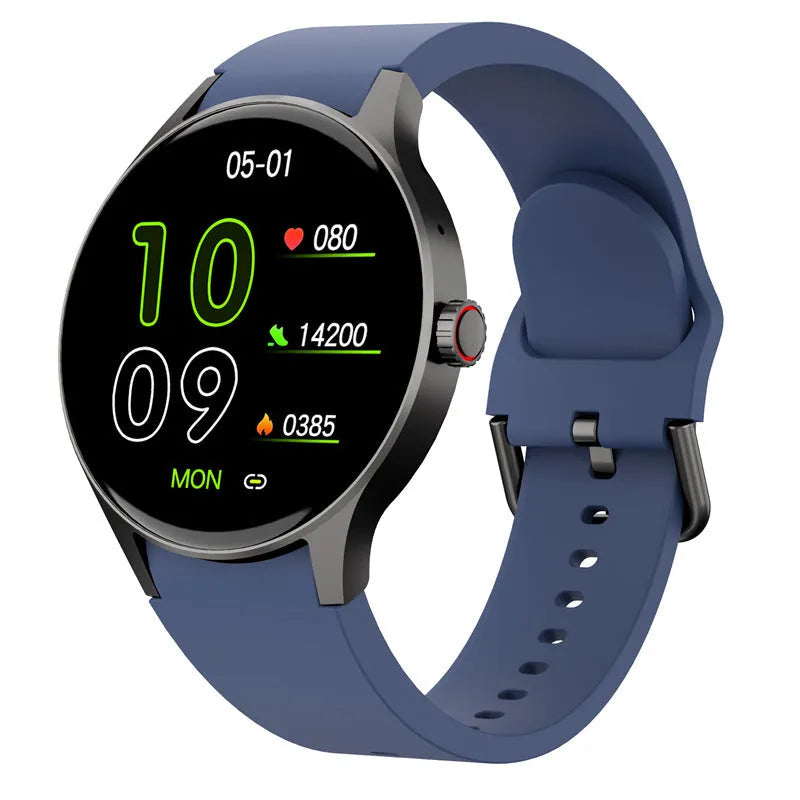 Black Bluetooth smart sport watch with round touch screen on a wrist, showing a watch face display.