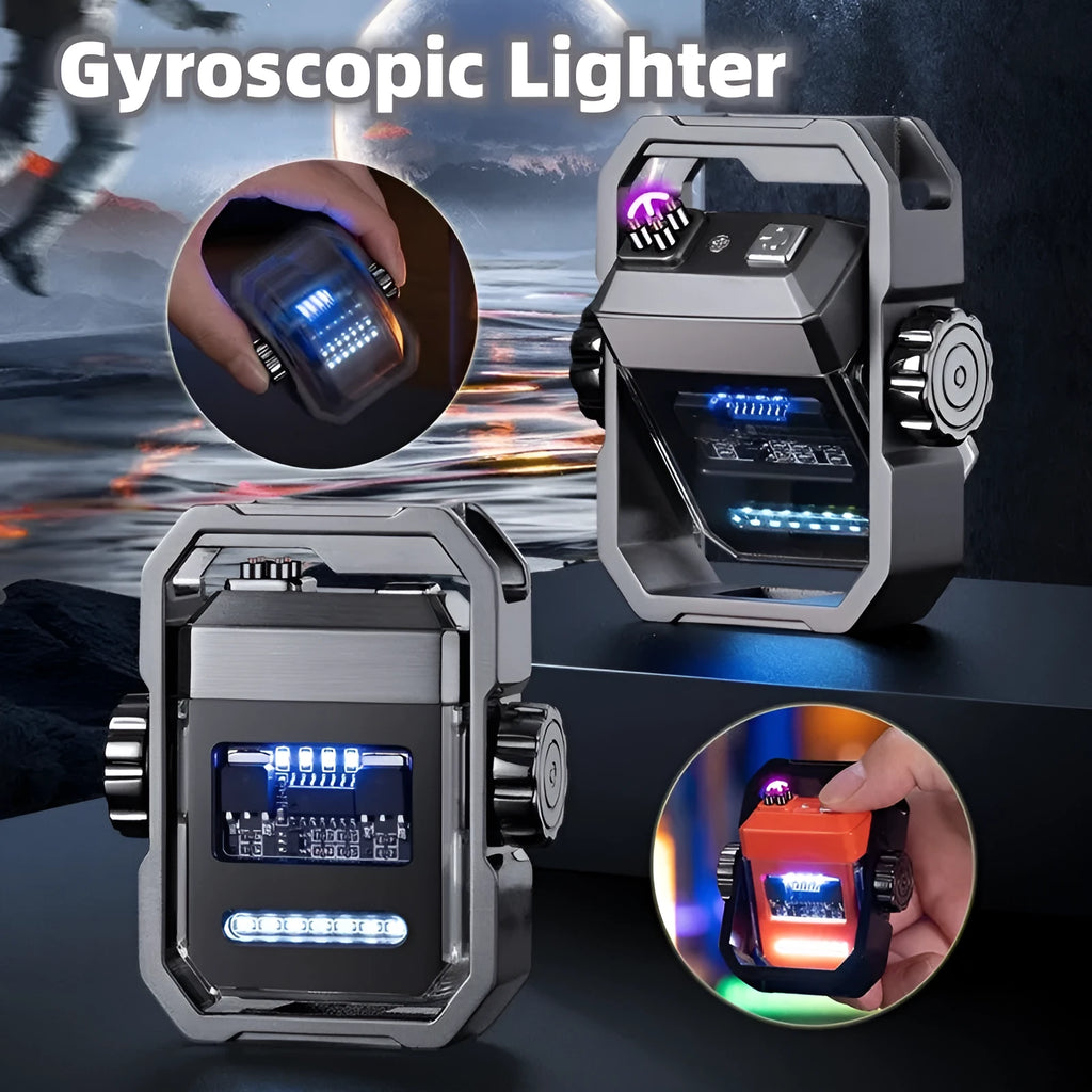 Blue Pulse electric arc lighter showing the double plasma arc and the mechanical gyroscope design.