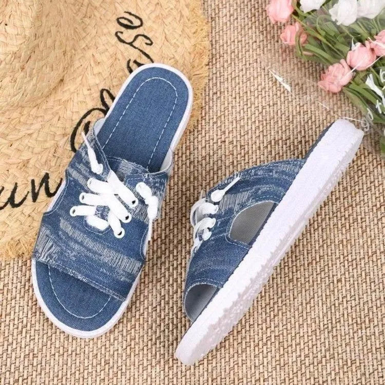 Blue Roman style women's flat canvas slippers with cloth lining and rubber sole