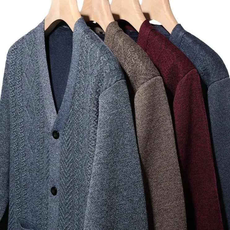 Men's striped cardigan sweater in brown with long sleeves and a front button opening.