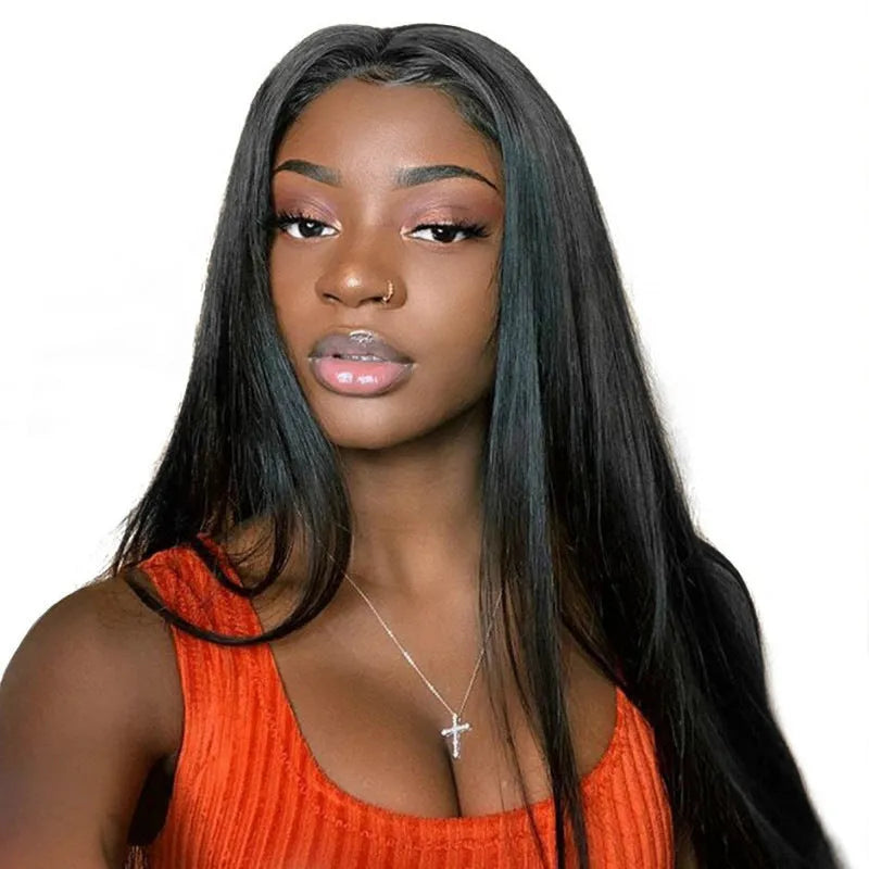 Long straight black synthetic wig with centre-parted bangs on mannequin head