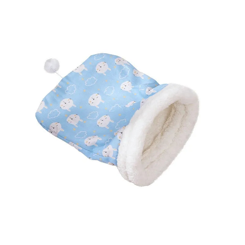 Blue flannel sleeping bag nest pet bed for cats measuring 50 by 40 cm