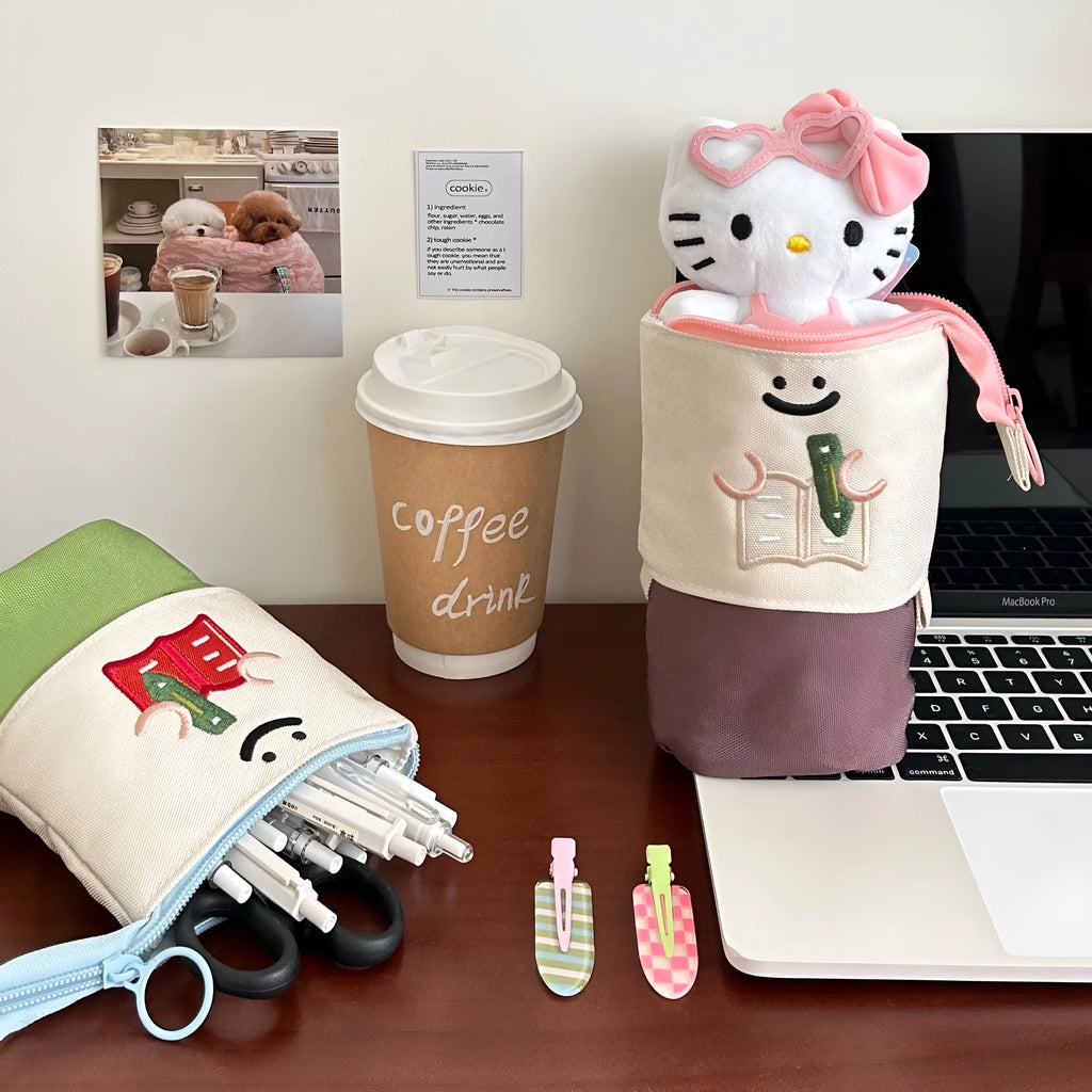 Brown Korean-style collapsible pencil case made from Oxford fabric, showing large capacity design.