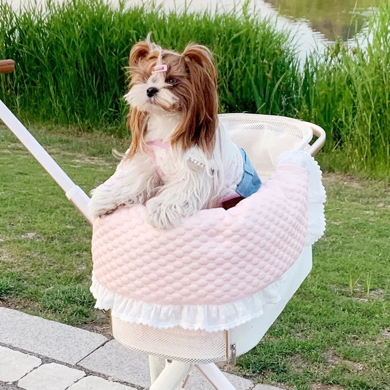 Pure cotton pet stroller set showing removable towel, cushion, and pillow in a floral pattern.