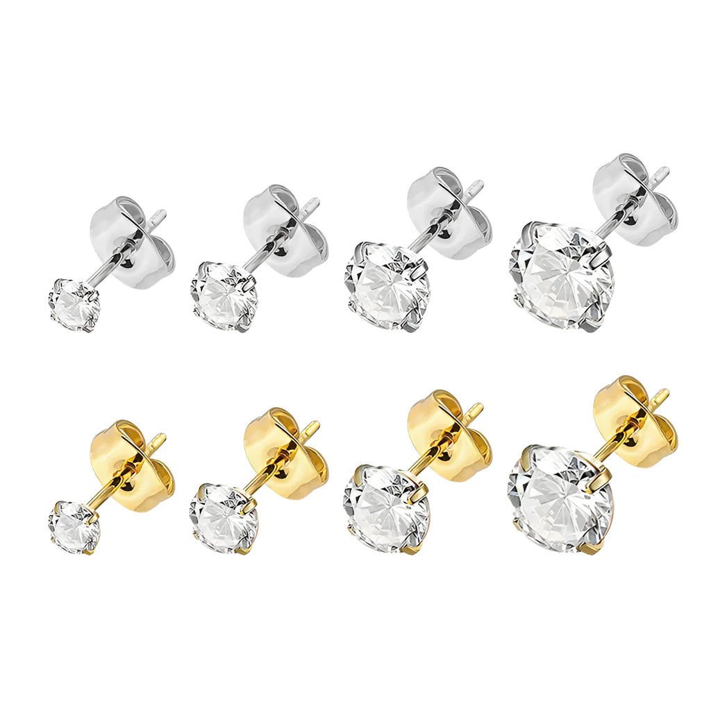 Square geometric stainless steel stud earrings with round zircon stone in gold or steel colour on a white background.