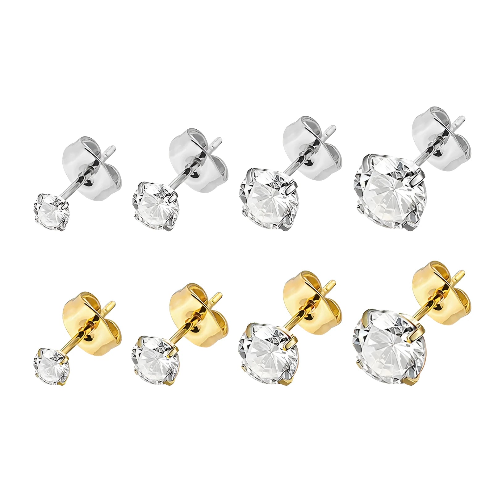 Square geometric stainless steel stud earrings with round zircon stone in gold or steel colour on a white background.
