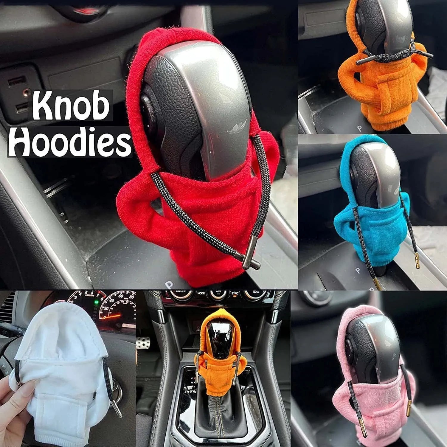 Blue cloth gear shift knob cover with sewn edges, shown next to a 13cm by 8cm size guide.