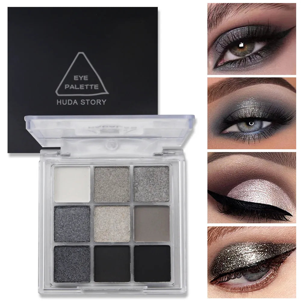 Smoked nine-colour eyeshadow palette showing shades including white, silver, black, and iron grey