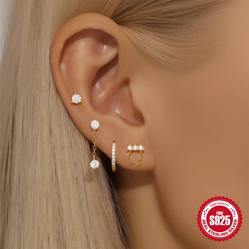 S925 sterling silver geometric clover petal earrings for women with electroplated gold finish, cold style design.