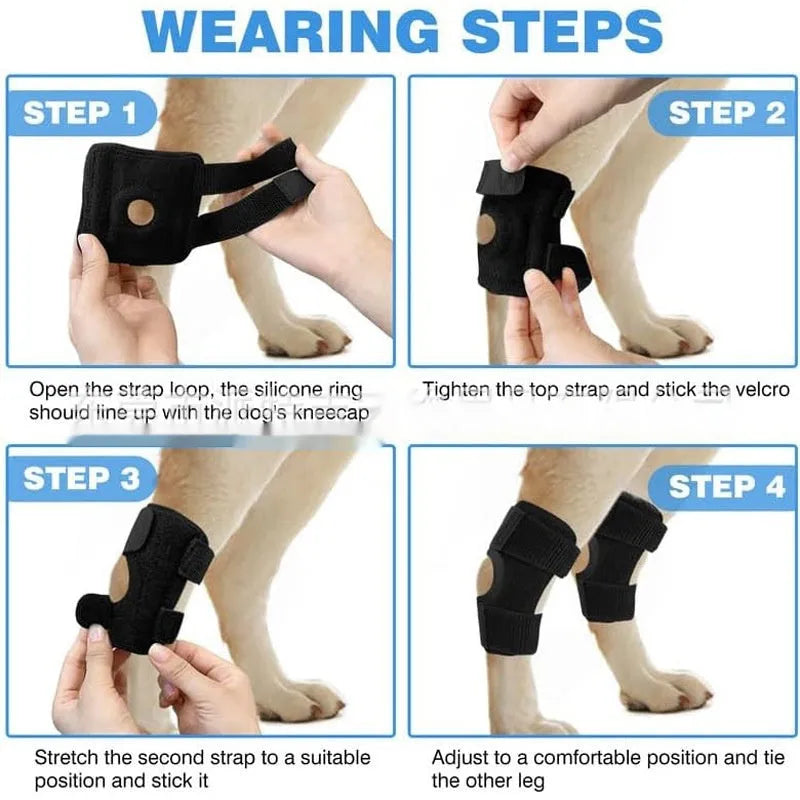 Black polyester dog leg guard for ACL tear and joint dislocation protection, shown with protective cover.