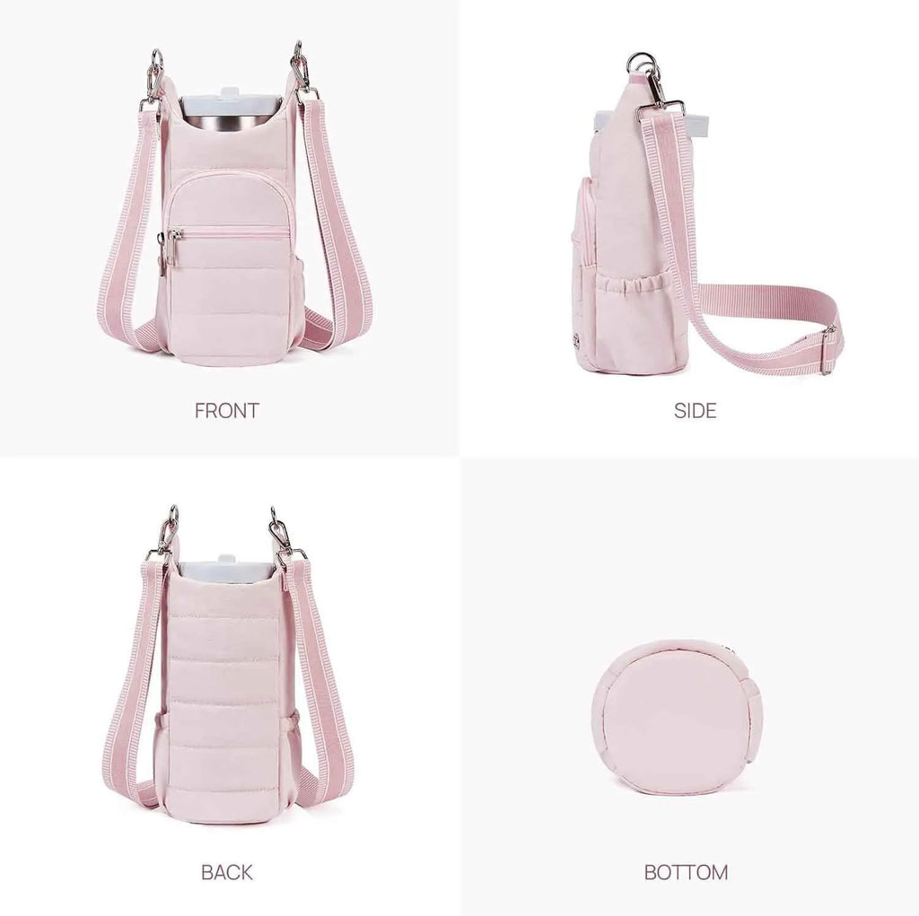 Cloth bicycle water bottle bag in black, pink, and beige for cycling hydration storage