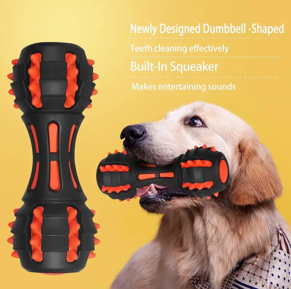 Red durable rubber dumbbell-shaped dog chew toy for large breed aggressive chewers