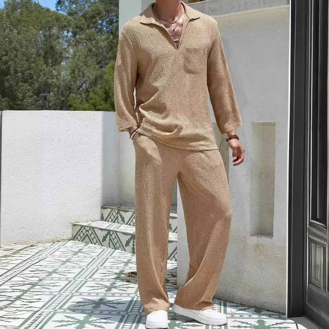 Men's casual polyester shirt trouser suit in lake blue colour with Asian sizing options