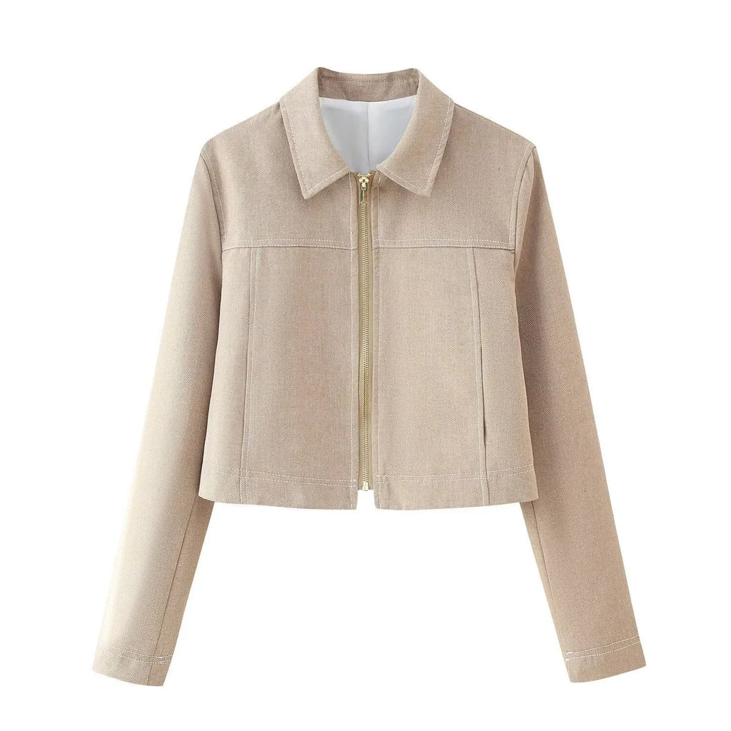 Women's herringbone pattern summer suit set with long sleeve jacket and straight-leg trousers