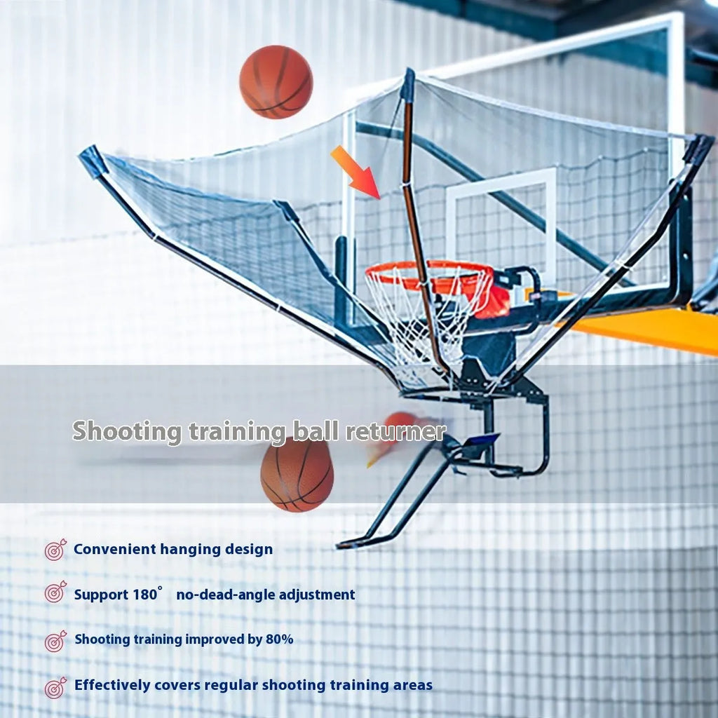 Automatic basketball return training system showing cowhide leather and iron construction for solo shooting practice
