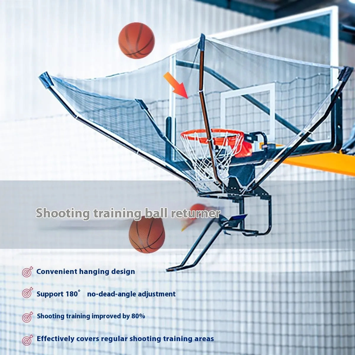 Automatic basketball return training system showing cowhide leather and iron construction for solo shooting practice