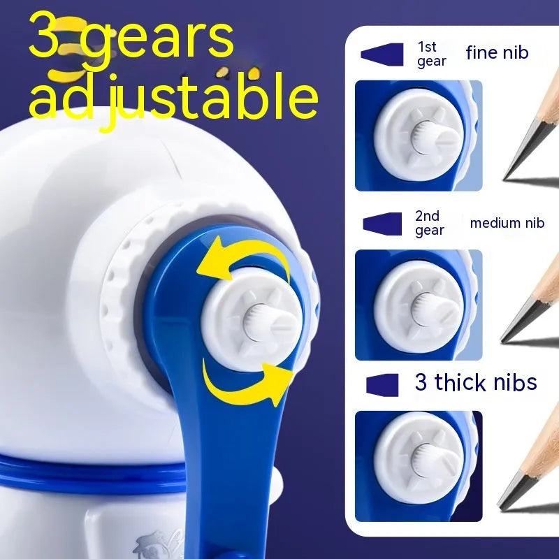 Astronaut cartoon pencil sharpener in blue or pink with anti-jam function and adjustable sharpening levels