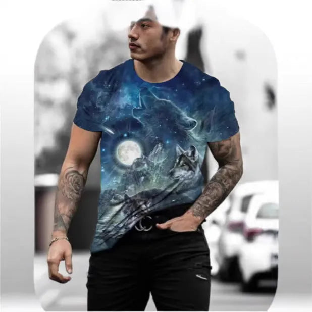 Retro 3D animal print on a men's short-sleeved grey t-shirt made of thin polyester fabric.