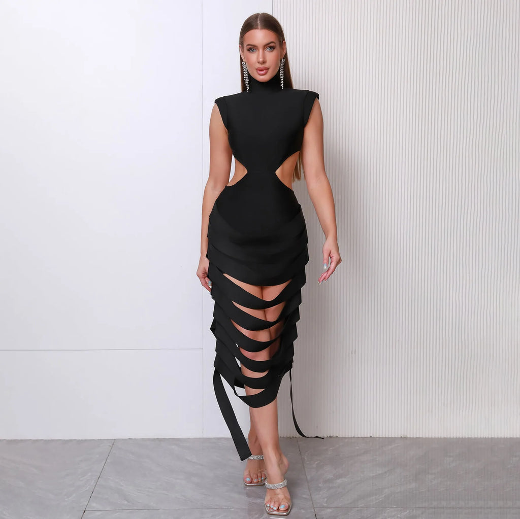 Round neck hollow slim fit backless dress in black with sleeveless design and elastic waist